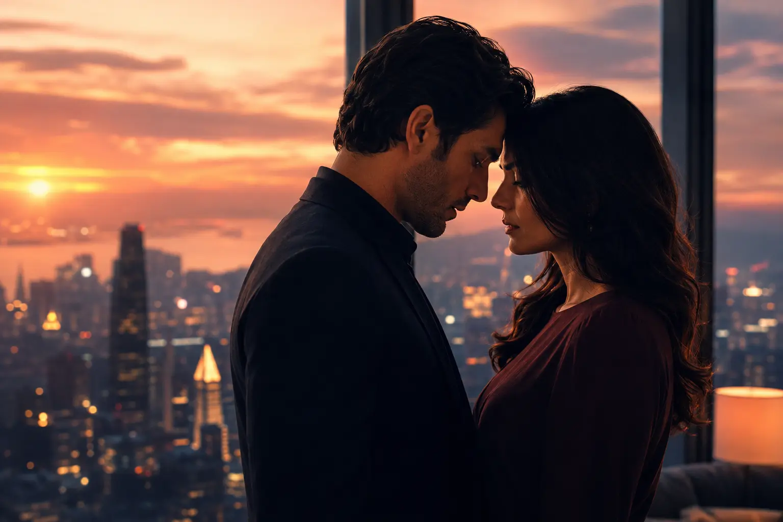 The two leads of Heartbeat Echoes sharing a tense moment above the city